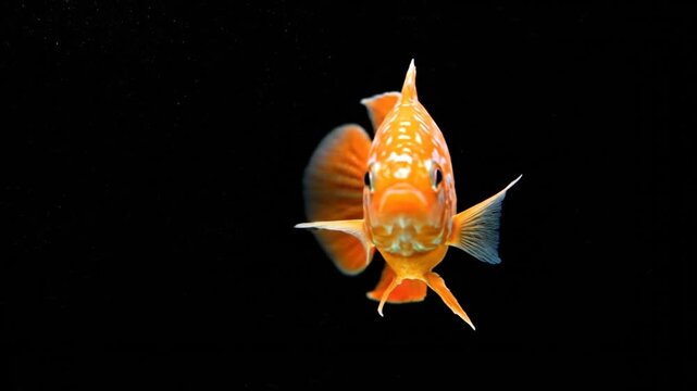 Vibrant orange goldfish swimming on black background