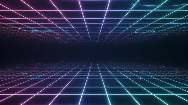 Digital neon lines forming dynamic network grid, dark navy background, high-tech atmosphere, cinematic glow, smooth camera drift, 8K resolution