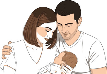 Obraz premium Parents tenderly holding their newborn baby in a close-up illustration family infant