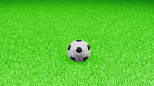 A green grass field features a soccer ball moving from left to right and stopping in the center, illustrating the ball's movement across the vibrant grass surface, capturing the action flow of the gam