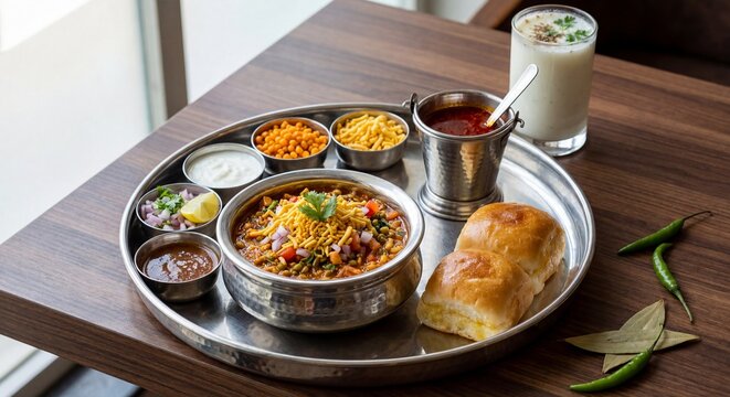Authentic Maharashtrian Misal Pav Platter with Buttermilk on Wooden Table