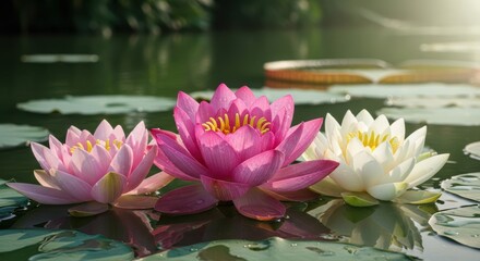 Obraz premium Serene water lily blooms in golden morning light