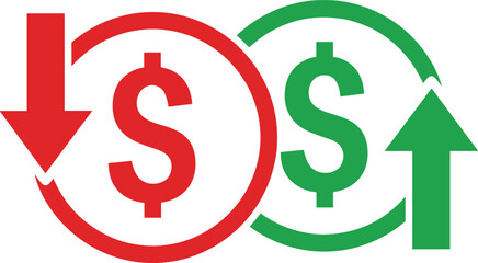 Fototapeta premium Red and Green Dollar Signs with Up and Down Arrows money finance