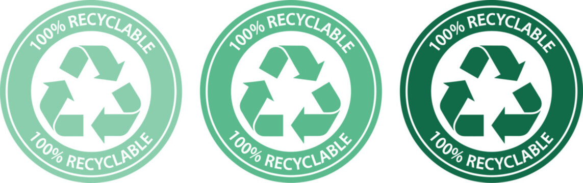100 percent recyclable badge icon set in green shades for eco friendly packaging and sustainability labels