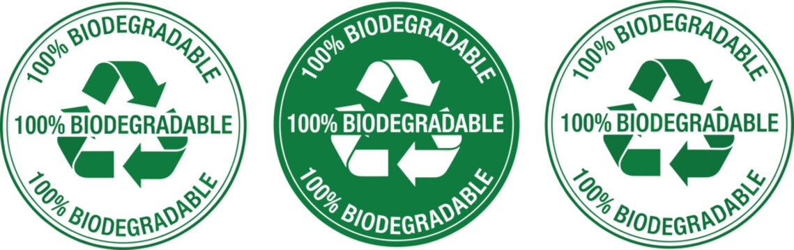 100 percent biodegradable recycling badge icon set in green for eco friendly packaging and sustainability labeling