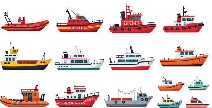 Rescue and Patrol Boat Vector Set Featuring Emergency, Coast Guard, Workboats, and Service Vessels for Maritime Safety Designs