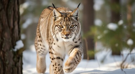 Fototapeta premium A lynx walks through a snowy forest on a bright day.