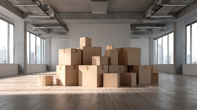Changement d'espace avec des cartons dans un bureau moderne en ville