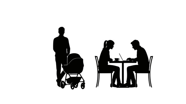 Silhouettes of people in everyday life situations, including a father with a baby stroller and a couple working on laptops at a cafe table. Created in a minimalist black and white vector style.