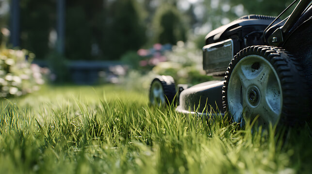 Une tondeuse coupe l'herbe dans un jardin en plein jour sous un ciel clair