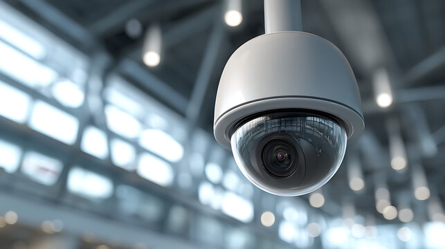 Cam&eacute;ra de surveillance install&eacute;e dans un espace moderne avec un &eacute;clairage au plafond
