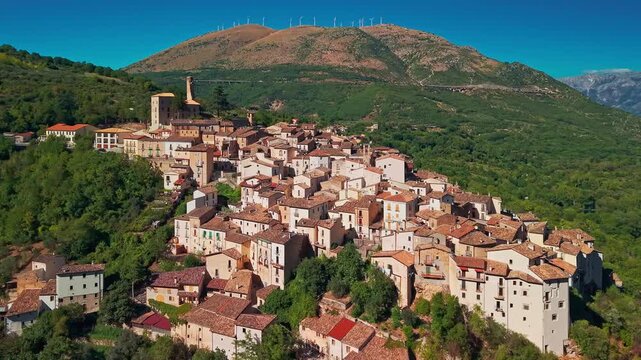 Aerial view of Anversa degli Abruzzi medieval town