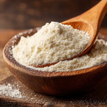 close up of cassava flour in a wooden bowl