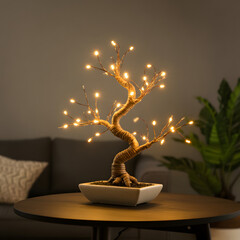 "Bonsai LED Tree Lamp on Wooden Table &mdash; Warm Fairy Light Bonsai in Moss-Filled Rectangular Planter, Cozy Living Room Accent Lighting"