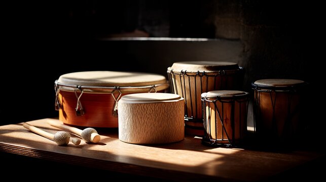 still life of small percussion instruments on wooden surface