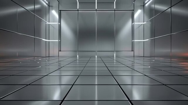 Futuristic glowing tunnel with white silver rectangular grid and neon light reflections for modern technology background