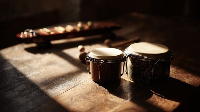 still life with brazilian percussion instruments on wooden surface
