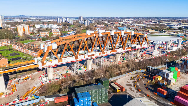 Aerial view of a viaduct bridge being installed on the new high speed rail network in Birmingham, UK