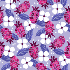 Cotton fabric Hand drawn botanical seamless pattern with pink raspberries and white dogwood flowers on a lavender background for textile and wallpaper