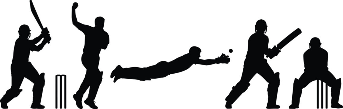 Set of black cricket player silhouettes including batsman hitting ball bowler throwing and fielder catching for sports competition league match and athletic team vector.