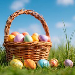 Easter Basket with Colorful Eggs on Grass