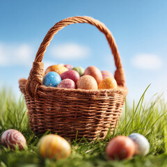 Easter Basket with Colorful Eggs on Grass