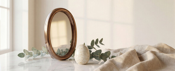 Cozy interior scene with mirror and eucalyptus on marble tabletop