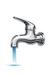 Chrome water faucet flows with blue liquid on a white background.