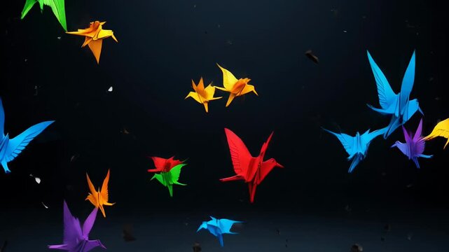 Colorful origami birds flying amid dark shards in striking contrast