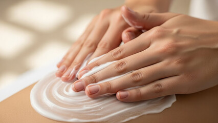 Naklejka premium Hands applying cream on skin, close-up, spa treatment, skincare, moisturizing, wellness, beauty.