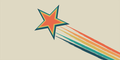 Retro shooting star background with colorful abstract stripes in vintage 70s style. Creative mid century modern inspired starburst design with dynamic rainbow trail on beige background. Trendy nostalg © Bayu Pratama