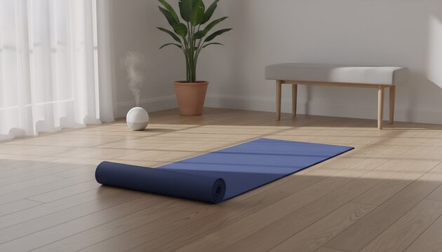 Yoga setting with partially unrolled mat, mist-emitting humidifier, potted plant, and soft natural light filtering through sheer curtains