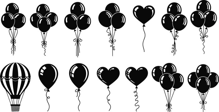 Black and White Balloon Icon Set Featuring Heart Shapes, Party Bunches, and Hot Air Balloon Silhouettes for Celebrations and Design Projects Vector Illustration Collection