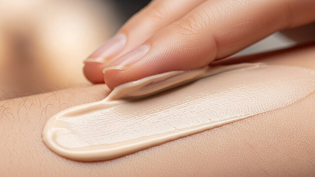 Close-up of a hand applying foundation cream on the skin for testing purposes.