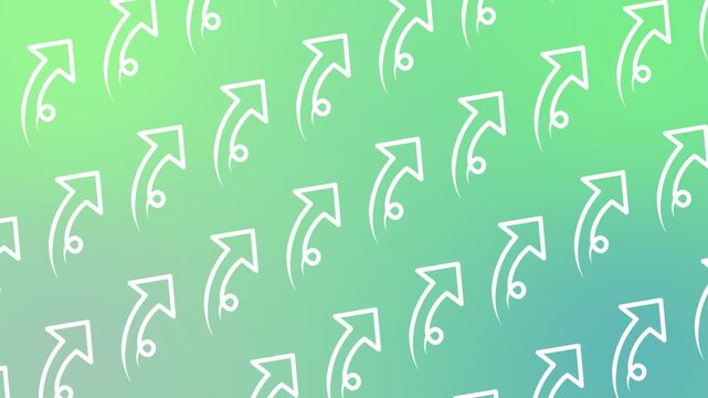 Seamless pattern with white rising arrow icons on a green gradient background animation. Abstract financial growth wallpaper with repeating upward trend performance symbols for business progress.