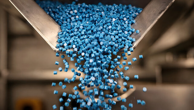 A Cascade of Blue Plastic Pellets: Raw Material for Manufacturing, Falling from a Hopper, Illustrating Industry, Production, and the Foundation of Supply Chains