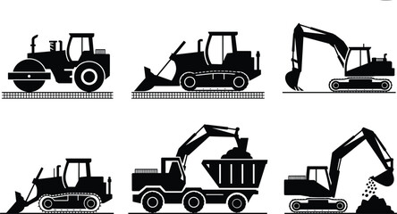Construction machinery silhouettes set including excavator, bulldozer and dump truck, heavy equipment collection for building, mining and engineering industry design © AKIBUR