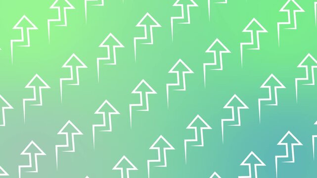 Seamless pattern with white rising arrow icons on a green gradient background animation. Abstract financial growth wallpaper with repeating upward trend performance symbols for business progress.