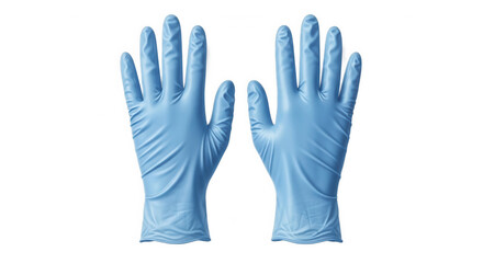 Obraz premium Blue latex gloves in protective gesture with soft studio lighting on white background for medical or healthcare use