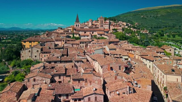 Aerial view of Spello medieval town in Umbria Italy