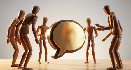Wooden mannequins in discussion around a large speech bubble on a table