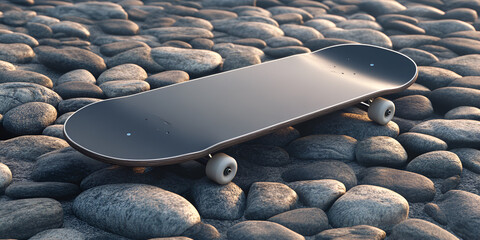 Fototapeta premium Skateboard Mockup on Stylized Pebble Base with Ambient Lighting and Minimal Background