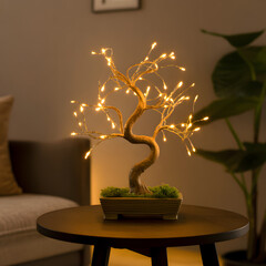 "Bonsai LED Tree Lamp on Wooden Table &mdash; Warm Fairy Light Bonsai in Moss-Filled Rectangular Planter, Cozy Living Room Accent Lighting"