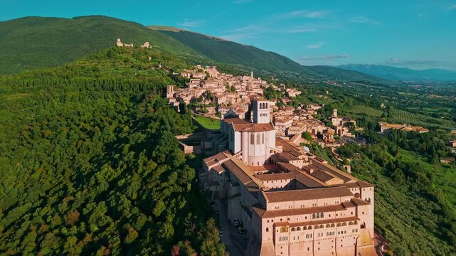 Aerial view of historic Assisi and Basilica of Saint Francis