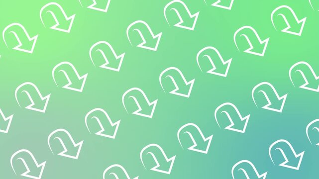 Seamless pattern with white downward curved arrow icons on a green gradient background animation. Abstract financial decline wallpaper with descending trend symbols for business performance banner.