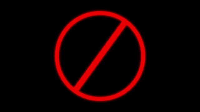 Red Neon Prohibition Sign on animated Black Background, Neon prohibition sign against a black background, glowing neon prohibition sign with bright red light effect on black background.