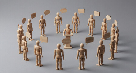 Wooden figurines standing in a circle holding signs on gray background