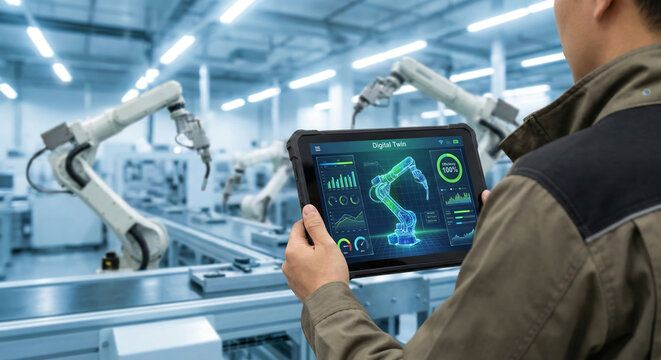 Engineer using tablet to control industrial robot arms in automated factory digital twin simulation interface