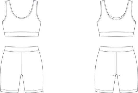 Women&rsquo;s sports bra and shorts technical fashion illustration showing front and back views, minimal activewear design template for fitness apparel production isolated on white background