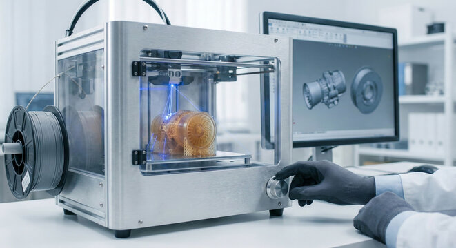 Industrial engineer operating high precision resin 3d printer manufacturing complex mechanical part in laboratory